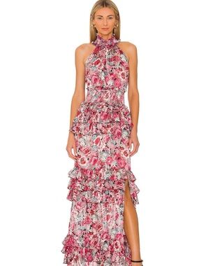 Elliatt Pink Floral Halter Ruffle Maxi Dress